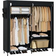 Portable Closet 61.8 Inch Large Capacity Wardrobe Closet With Cover Clothes Storage Organizer With Shelves And 2 Hanging Rods Easy To Assembly Black PCT222B01
