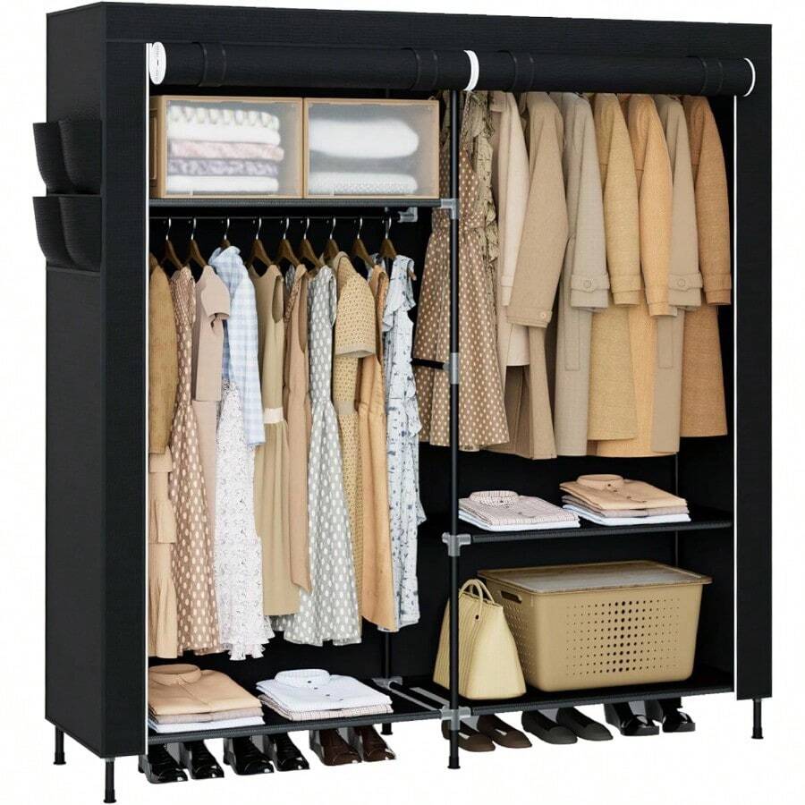 Portable Closet 61.8 Inch Large Capacity Wardrobe Closet With Cover Clothes Storage Organizer With Shelves And 2 Hanging Rods Easy To Assembly Black PCT222B01