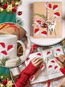 500 Stück Weihnachtsmützen Aufkleber, wasserfeste selbstklebende Aufkleber für Umschläge, Tagebücher, Dekorationen, Partyzubehör, geeignet für Raumdekoration, Heimdekoration, Geburtstagsdekorationen, Weihnachten, Weihnachtsdekoration, Weihnachtsdekor für Zuhause, Weihnachtsgeschenke, Geburtstagszubehör Winter