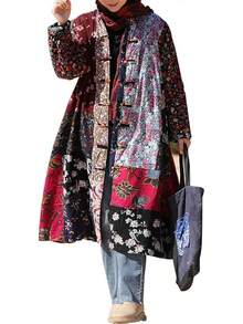 LUZU JUNU Women's Trench Coat Floral Print Long Cotton Linen Jacke Cottagecore Clothing Patchwork Outwear Bohemian Unique - 復古灰色溫暖絎縫 - 查看 2