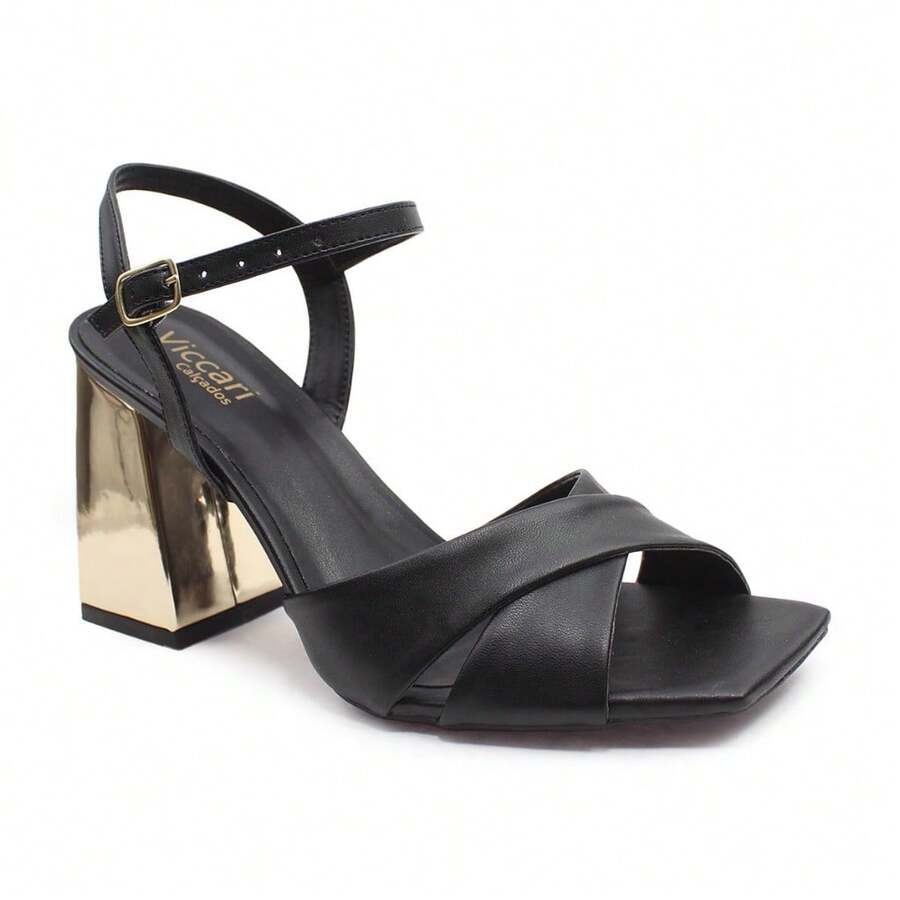 Women's Bride Sandal With Cross Strap, Metallic Block Heel, 9cm, Luxury Colors, Comfortable, Square Toe - màu đen - Xem 1