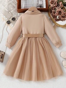 女童优雅翻领长袖网眼蝴蝶结连衣裙+腰带，适合春秋季 - 卡其色 - 查看 3