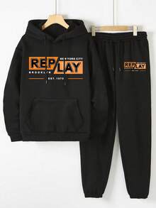 男士休闲街头英文字母印花连帽衫和运动裤套装，秋冬装 - 黑色 - 查看 5