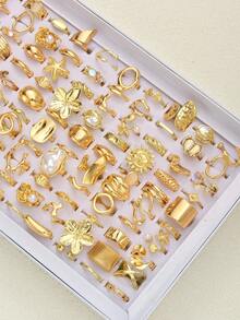 14/20pcs Faux Pearl Inlaid Alloy Women's Ring Set, Elegant Floral & Starfish Mixed Styles, Multi-Piece Open Adjustable Rings For Party, Wedding, Daily Wear, Fashion Jewelry Gift, Random Assortment