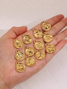 1pc Stainless Steel 12 Zodiac Signs Reversible Pendant, Suitable For Men And Women Daily Wear, Birthday Gift (Without Chain) - Gold - View 7