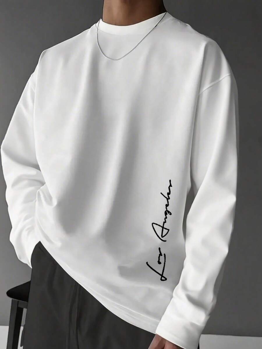 Men's Casual Versatile Floral Font Letter Slogan Print All-Match Long Sleeve T-Shirt, Spring/Autumn