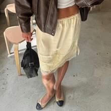 Women's Lace Edge Satin Silk Mini Skirts Elestic High Waist Short Skirt Fall Casual Going Out Clothes - 黃色 - 查看 4