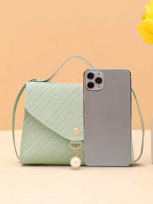 Solid Color Grass Texture Pearl Decor Crossbody Handbag , Green - Green - View 3