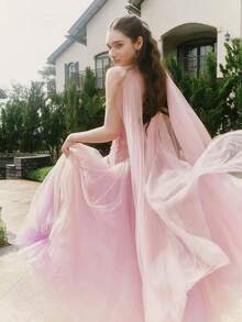 1pc Pink Nylon Mesh Scarf Shawl Wrap, Sweet & Charming Sexy High-End Elegant Strapless Evening Gown Accessory Scarf, Beach Resort Style Sunscreen Scarf Headscarf, Suitable For Dresses, Wedding Veil, Dancing Props, Travel Photos, Cosplay, DIY Crafts Fall Clothes For Women - Pink - View 6