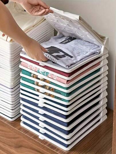 1/5/10pcs Plastic Foldable Clothes Organizer, Stackable Shirt Pants Sorting And Storage Rack With Lid. Easy Access, Clutter-Free Kitchen Storage Boxes And Household Containers For Home And Laundry Organization.