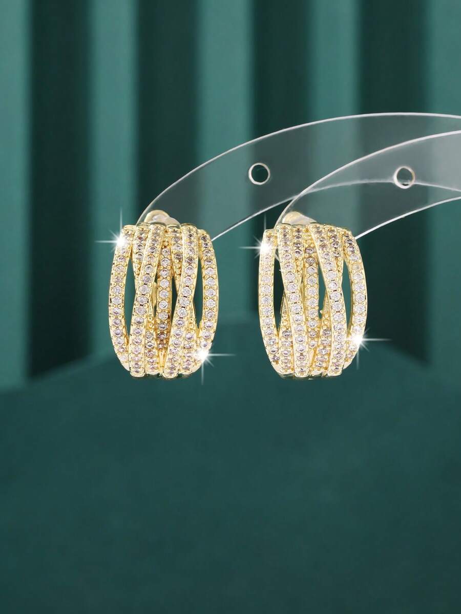 1 对简约几何耳环，铜质微镶锆石，时尚优雅，适合日常通勤 - 金色 - 查看 1