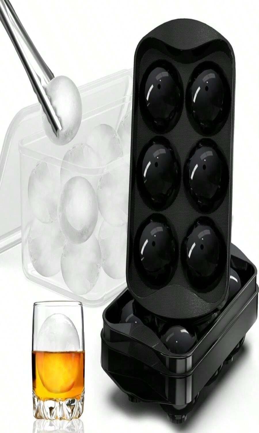 Whiskey Ice Ball Maker With Lid And Bin, 19" Round Ice Cube Trays For Freezer, Large Sphere Whisky Ices Cubes Tray Circle With Bucket&Amp;Tong, Cocktail Bourbon Brandy Scotch(Black-6 Balls*2 Pack) - 顏色A - 查看 1