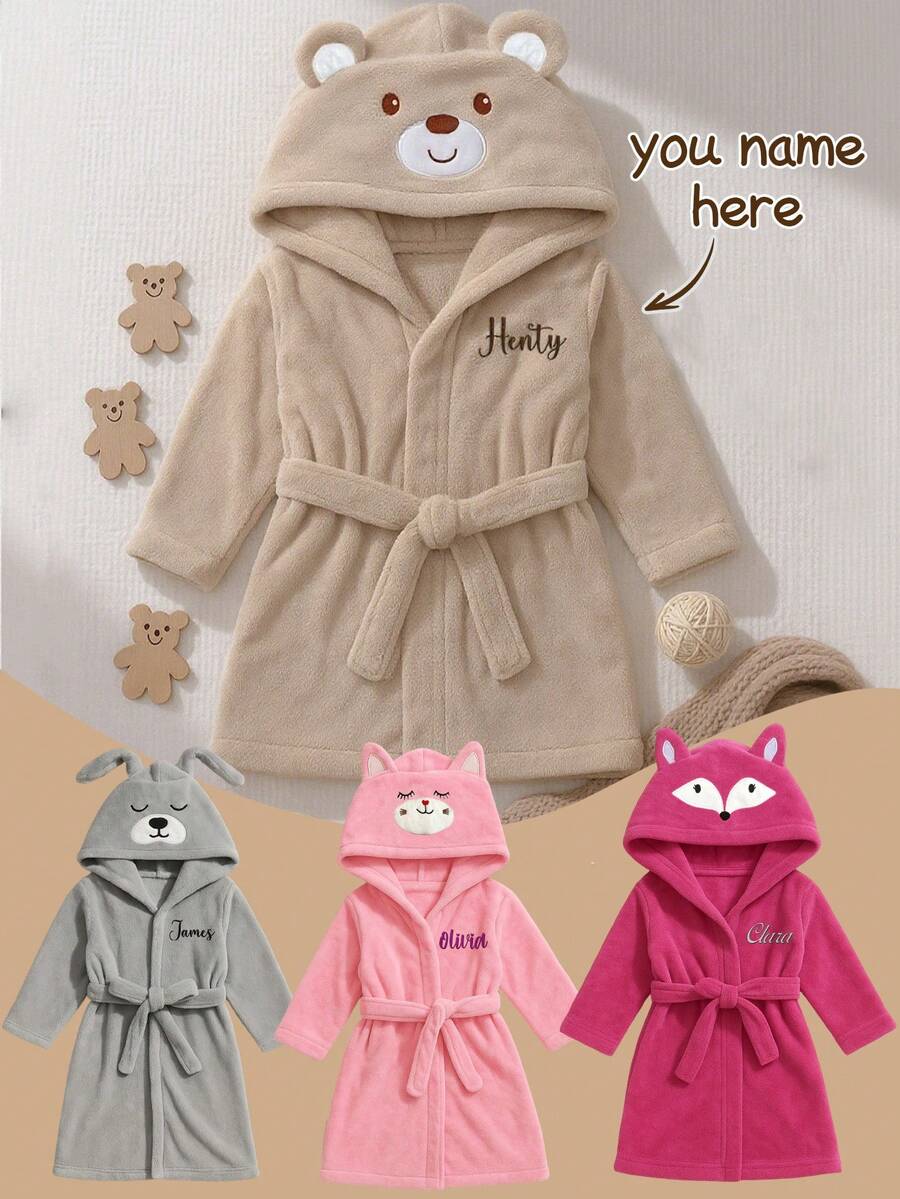 客製化刺繡姓名連帽嬰兒浴袍,熊/兔/狐狸耳朵設計,柔軟幼兒睡袍 (12-24M),聖誕禮物 - 彩色 - 查看 1