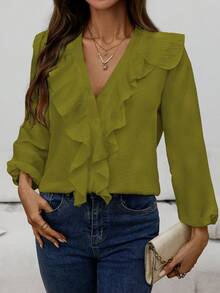 Women's Fashionable Elegant Casual Ruffle Trim V-Neck Long Sleeve Blouse, Spring/Autumn - Olive Green - View 4
