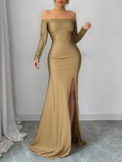 Silueta Perfecta: Vestido Satinado con Corset Elegante Mnaga larga vestido formal gala Abertura pierna izquierda