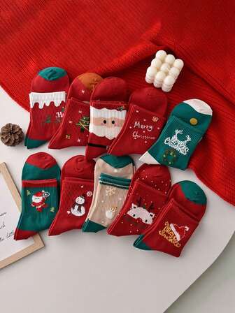 5 双随机圣诞老人、雪人、驯鹿红色圣诞中筒袜，适合圣诞节装扮