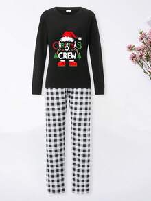 Conjunto de pijama navideño familiar a juego, con estampado de letras, pantalones a cuadros, pijamas navideños, pijamas familiares festivos. - Colores mixtos - Ver 1