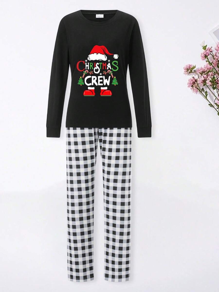 Conjunto de pijama navideño familiar a juego, con estampado de letras, pantalones a cuadros, pijamas navideños, pijamas familiares festivos. - Colores mixtos - Ver 1