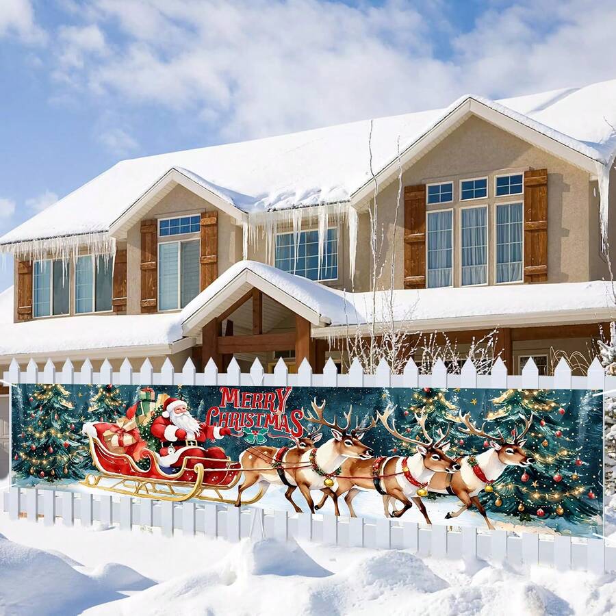 1 pièce Bannière de décoration de Noël, tissu avec motif de traîneau du Père Noël et des rennes, décoration de fond pour fête de Noël, bannière décorative à accrocher sur un mur ou une clôture, décoration de jardin ou de patio pour Noël, fournitures pour événement et fête de Noël à la maison, décoration de bannière Joyeux Noël pour la maison, décoration du Nouvel An 2026, décoration de Noël à suspendre, cadeaux de Noël, cadeaux, faveurs de fête