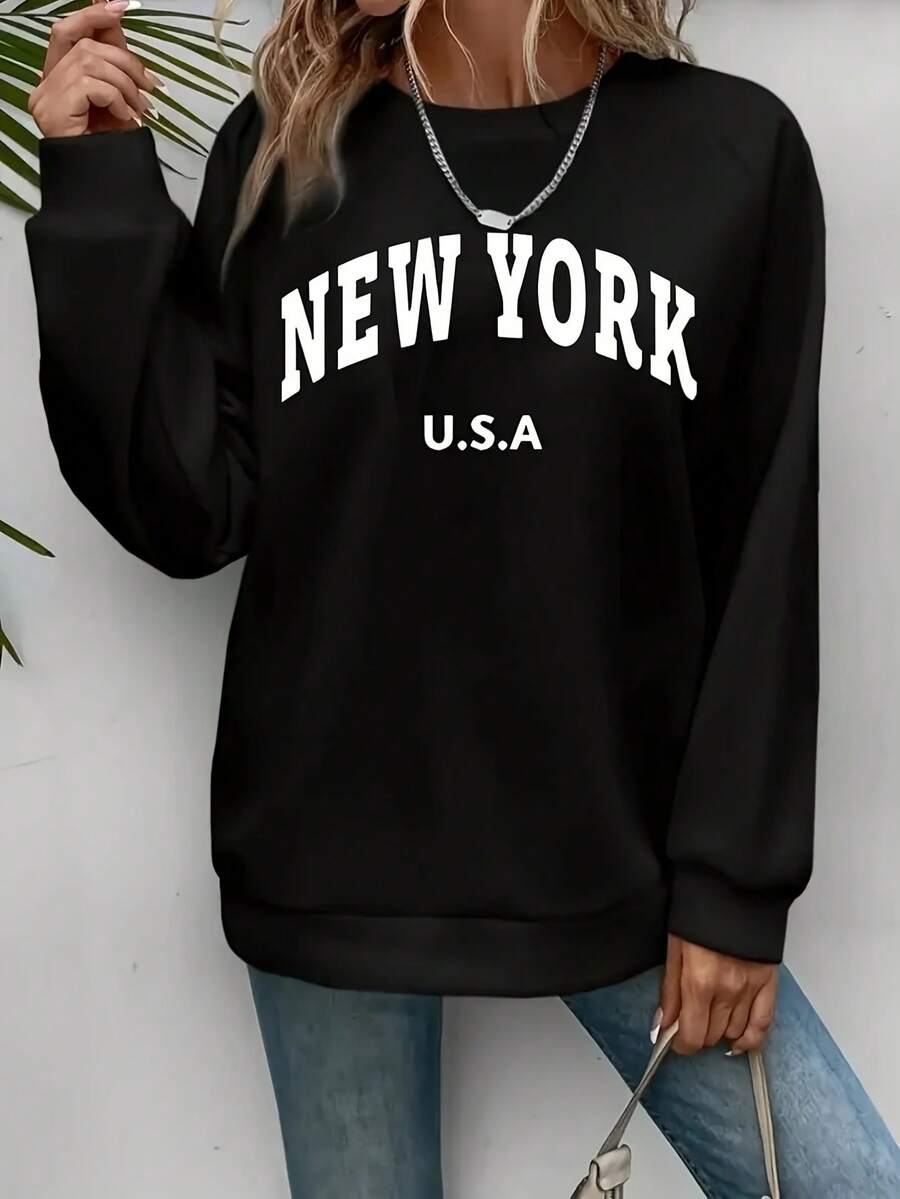 Women's New York Printed Sweatshirt - Cozy Fall/Winter Pullover, Long Sleeves, Crew Neck, Casual, Perfect For Halloween Party Outfits, Everyday Fall Fashion And Fall/Winter Outfits, Playful Design, Soft Fabric, Comfortable Material, Fashion Apparel