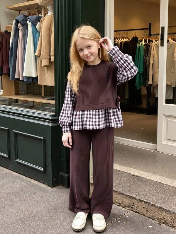 Vihyde Set de 2 piezas: Blusa casual de niña con parches a cuadros y decoración de moño, y pantalones de pierna ancha, para otoño/invierno