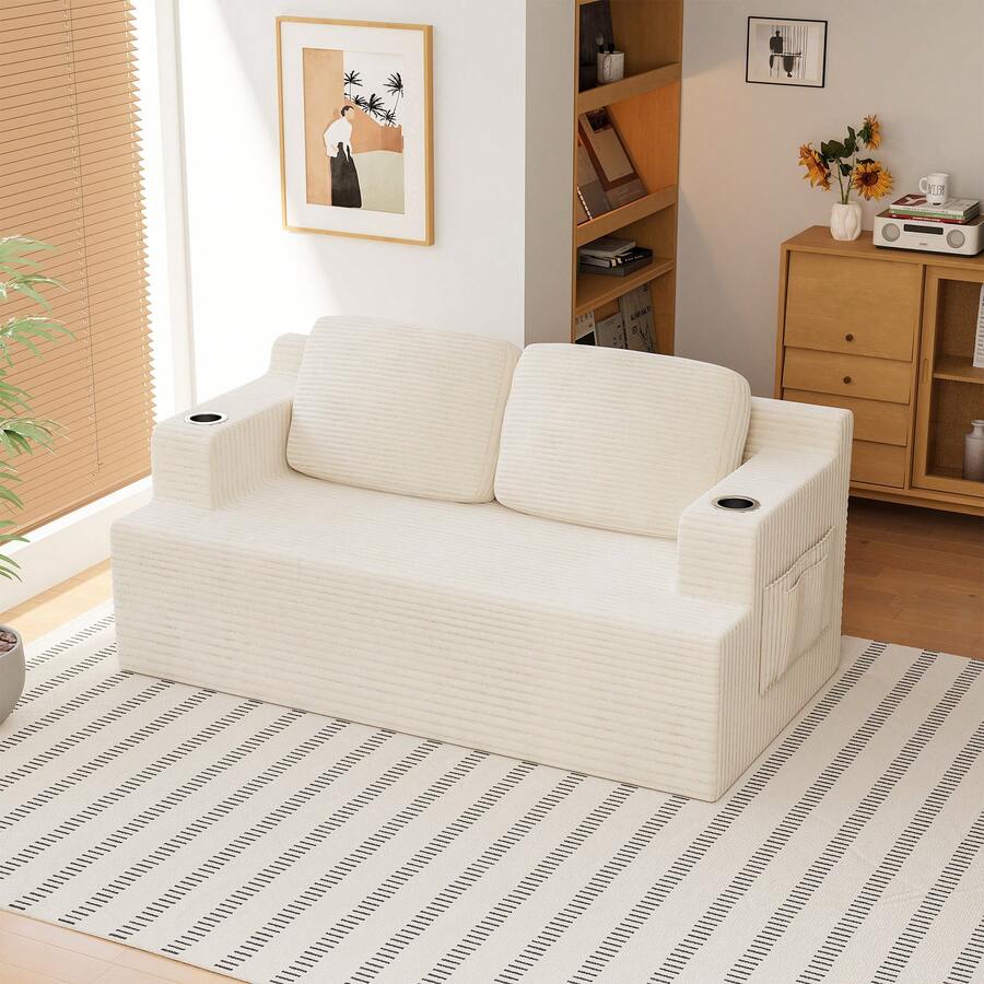 Furniwell 67" Loveseat Couch, Modern Corduroy Sofa, Comfy Cloud Couch With Wide Armrests And Dual Cup Holders For Living Rooms And Apartment - 白色 - 查看 1