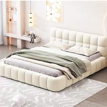 MISNODE Upholstered Bed 140x190, 140/160 X 200 Cm, Double Bed With Slatted Frame, Linen, Youth Bed, Adult Bed, Easy Assembly, Beige, Without Mattress - 米色 - 查看 3