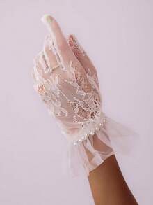 Sacina Gothic Imitation-Pearl White Gloves, Mesh Lace Bridal Gloves, Goth Y2k Lolita Accessories, Costume Accessories