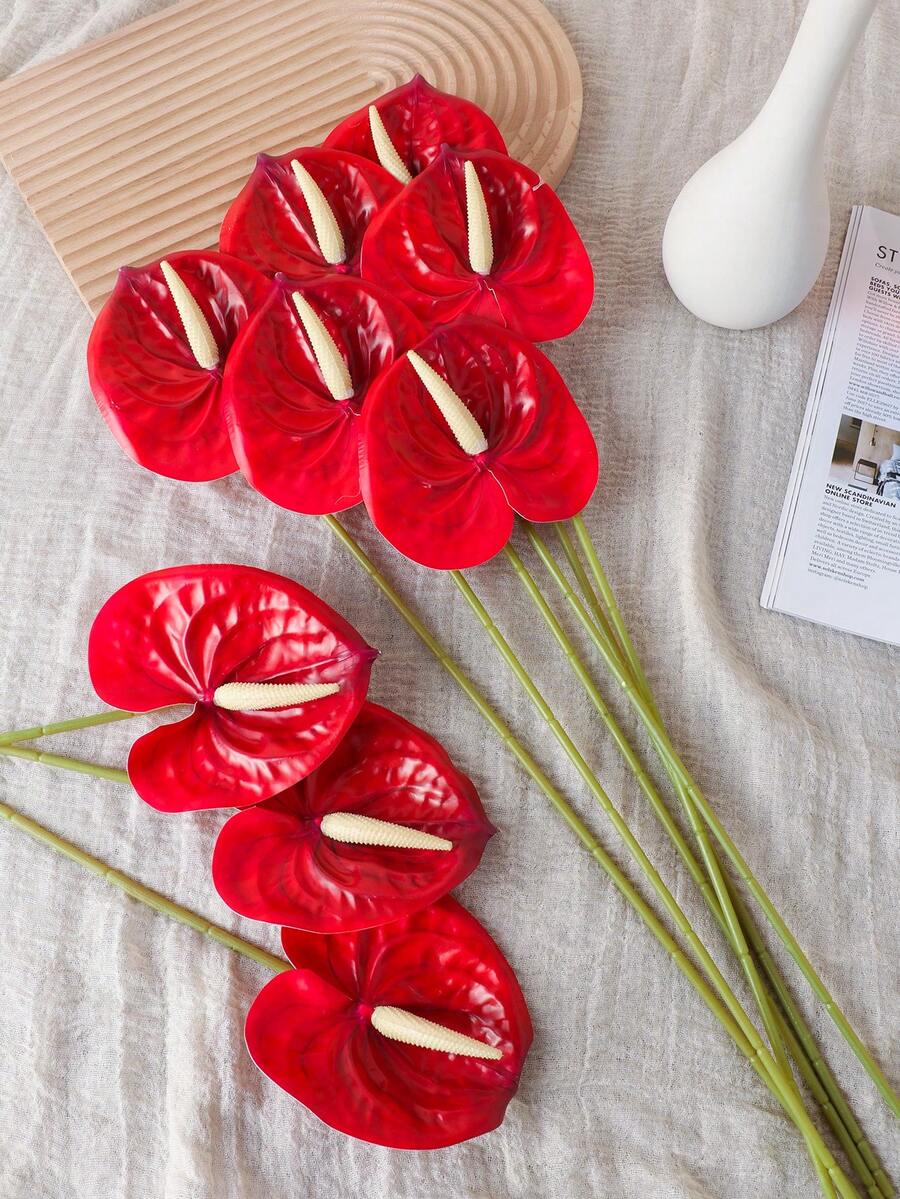 1 buc/3 buc/5 buc, material de înaltă calitate, crin Anthurium, PVC moale, formă flexibilă și ușor de păstrat, foarte potrivit pentru decorarea casei, decorarea biroului și decorarea petrecerilor, decorarea mesei, decorarea vazei, aranjament floral DIY. - roșu - Vizualizare 1