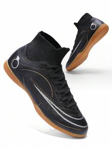 男士足球鞋，专业高帮足球鞋，室内五人制训练鞋 - 黑色 - 查看 1