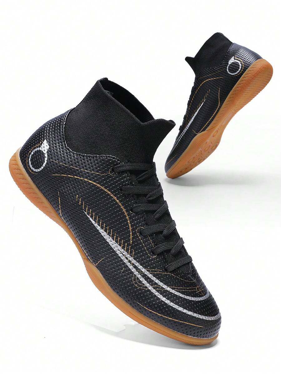 男士足球鞋，专业高帮足球鞋，室内五人制训练鞋 - 黑色 - 查看 1