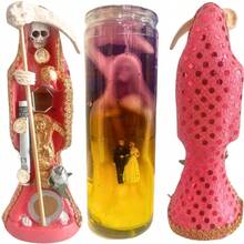 Santa Muerte Rosa 15 cm Vestida + Veladora De Gel Santa Muerte Dominadora - Atracción de una Persona Hacia Ti, Dominio Sobre Una Situación o Persona, Control - Rosa - Ver 1