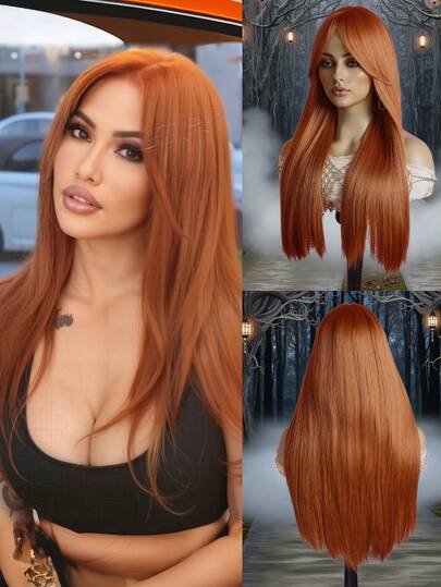 24-Inch Orange High Temperature Fiber Wig With Bangs For Women, Elegant Rose Net Cap, Natural Appearance, Heat Resistant, Suitable For Various Skin Tones, Applicable For Halloween And Christmas