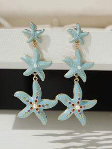 1 Pair Fashionable Beach Style Rhinestone Starfish Dangle Earrings, Suitable For Women - Three Starfish - View 8