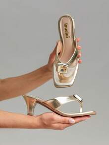 Sandália Feminina Salto Fino Luxo Enfeite Tendencia Confortável moda Blogueira - Dourado - Visão 2