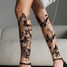2 件黑色花朵和蝴蝶临时纹身贴纸，女士适用，防水持久假纹身，适用于手臂、腿部和胸部 - 黑色 - 查看 3