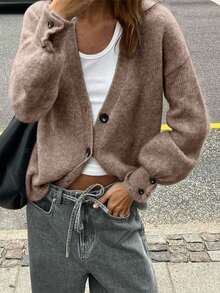 Sweter zimowy Just Masa dla kobiet, swobodny, elegancki, w jednolitym brązowym kolorze, z guzikami z przodu i dekoltem w serek, z długim rękawem