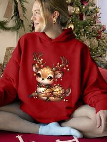 Damen Rot Kapuzen Langarm Top mit Weihnachtselementen und buntem Rentier Muster, geeignet für Herbst/Winter und Neujahrsbekleidung. Damen Große Größen bequemer Kapuzenpullover, Winterbekleidung, Herbstkleidung, Pullover für kurvige Figuren. - Rot - Übersicht 3