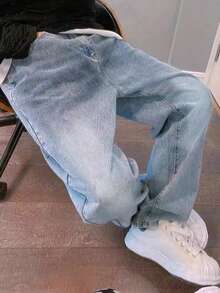 男士 Y2K 直筒休闲水洗牛仔裤，简约黑色牛仔裤