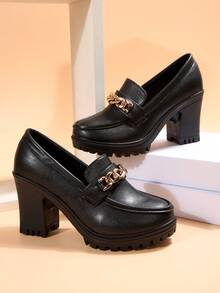 Women's Gold Chain Buckle Loafers, Black Chunky Heel Platform Shoes - Black (thin Chain) - View 8