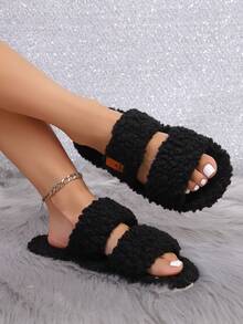Soft, Comfortable Plush Open Toe Slippers, Minimalist Fashion Casual Style, Suitable For Living Room And Bedroom, All Season, Spring/Summer - Black - View 4