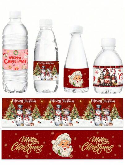 8/16 件圣诞快乐瓶贴，21*5 厘米，圣诞老人、雪人和圣诞树图案圣诞贴纸，纸质派对礼品装饰品，适用于圣诞装饰、冬季家庭派对装饰、节日派对装饰、圣诞派对礼品和装饰品、圣诞节和新年庆祝活动
