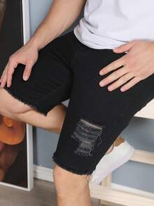 Men's Ripped Colorful Bermuda Jeans - Negro - Ver 6