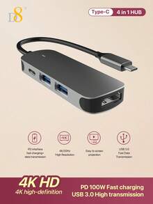 D8 4 In 1 USB 3.0 Hub USB Splitter USB Expander For Laptop,Mouse, USB3.0+USB2.0*3 ,Power Delivery Type C Port Compatible With MacBook, Switch, Chromebook,Flash Drive, U Disk, Console, Printer, Mobile HDD,Camera,Keyborad,Desktop PC,Holiday Gift Valentine's Day Gift Christmas Gifts,Must-Haves For Autumn And Winter Holiday Vacation Accessories