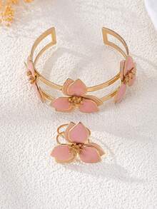 Bộ 2 vòng tay và nhẫn hoa nhiều lớp tinh dầu nhỏ giọt thanh lịch, thích hợp cho phụ nữ đeo khi đi dự tiệc và đi nghỉ - Hồng - Xem 2