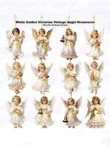12pcs Angel Wooden Hanging Ornaments - White Angels With Golden Bells & Ribbons, Perfect For Home, Window, Fireplace, And Party Decor, Festive Spring & Country Style, Ideal Gift For Celebrations - Multicolor - View 3