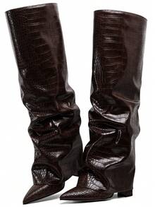 2025 New Knee High Boots For Women With Pointed Thick Heels And Solid Color Patterns Comfortable Fashionable Autumn  Winter Nightclub Party Motorcycle Combat Boots - 棕色石頭紋 - 查看 2