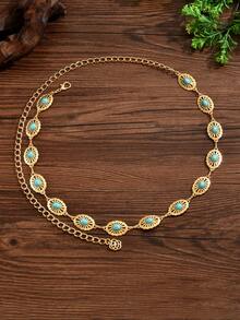 1pc Fashionable Sexy Niche Design Micro-Inlaid Turquoise Floral Geometric Ellipse Splice Waist Chain, Versatile Minimalist Vintage Hollow Ellipse Splice Waist Chain/Body Chain, Suitable For Women's Daily, Vacation, Party Wear