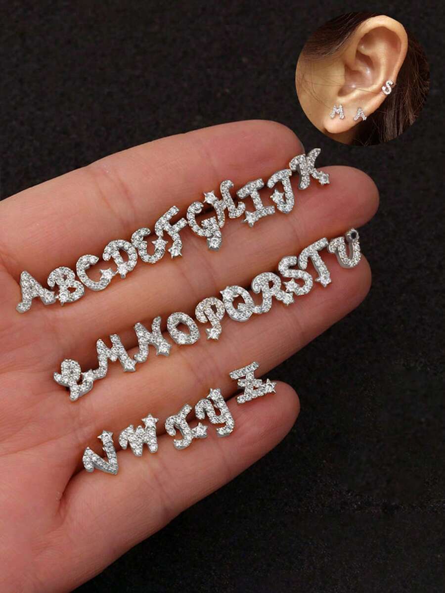 1pc 26 Letter Zirconia Stud Earrings, Stainless Steel Material, Minimalist & Fashionable, Suitable For Men & Women, Daily Wear & Party