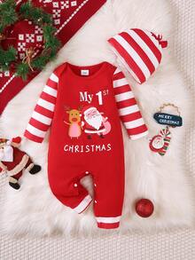 两件套万圣节服装：男婴橙色南瓜印花连体衣，圆领前开襟按扣 + 帽子 - 紅色 - 查看 1